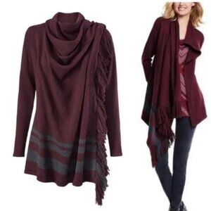 CAbi Port Fringe Wrap Cardigan Sweater Burgundy Gray - Size S